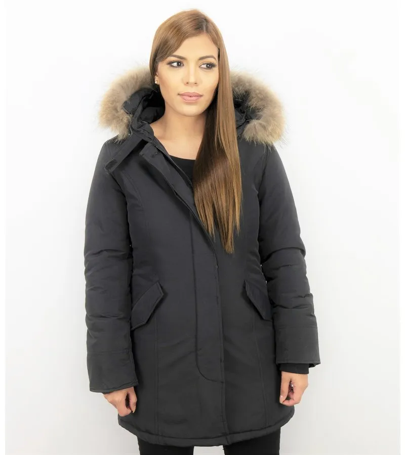 PARKAS MUJER  SEñORA ABRIGOS DE INVIERNO  CAPUCHA PELO GRANDE  NEGRO