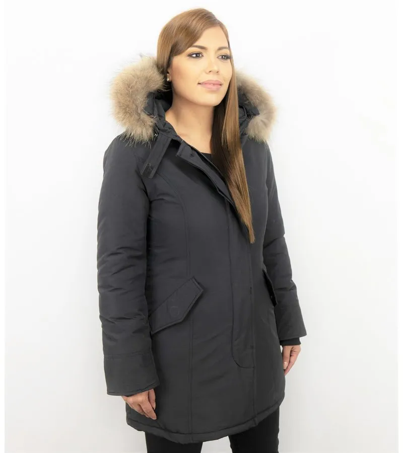 PARKAS MUJER  SEñORA ABRIGOS DE INVIERNO  CAPUCHA PELO GRANDE  NEGRO