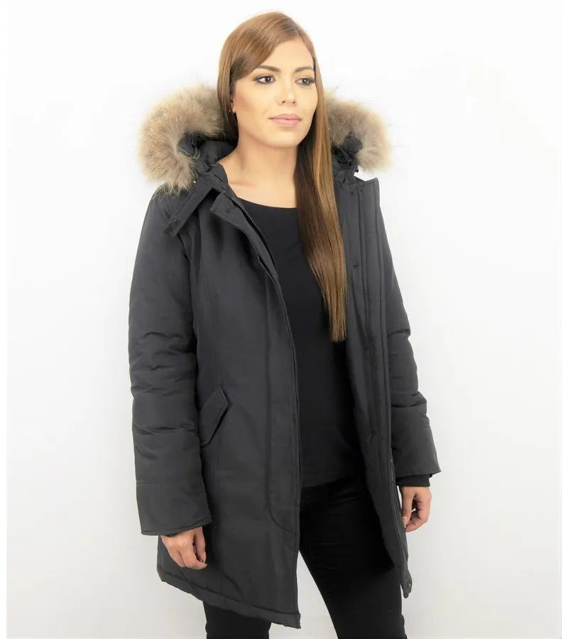 PARKAS MUJER  SEñORA ABRIGOS DE INVIERNO  CAPUCHA PELO GRANDE  NEGRO