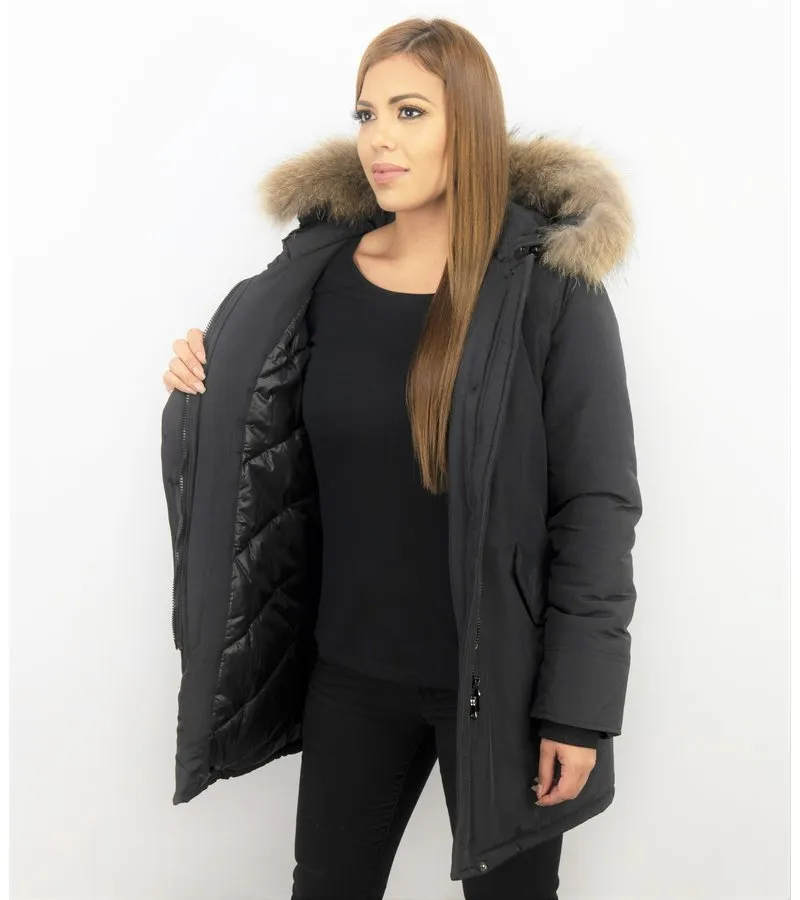PARKAS MUJER  SEñORA ABRIGOS DE INVIERNO  CAPUCHA PELO GRANDE  NEGRO