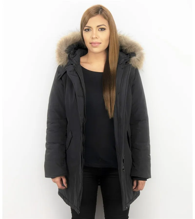 PARKAS MUJER  SEñORA ABRIGOS DE INVIERNO  CAPUCHA PELO GRANDE  NEGRO