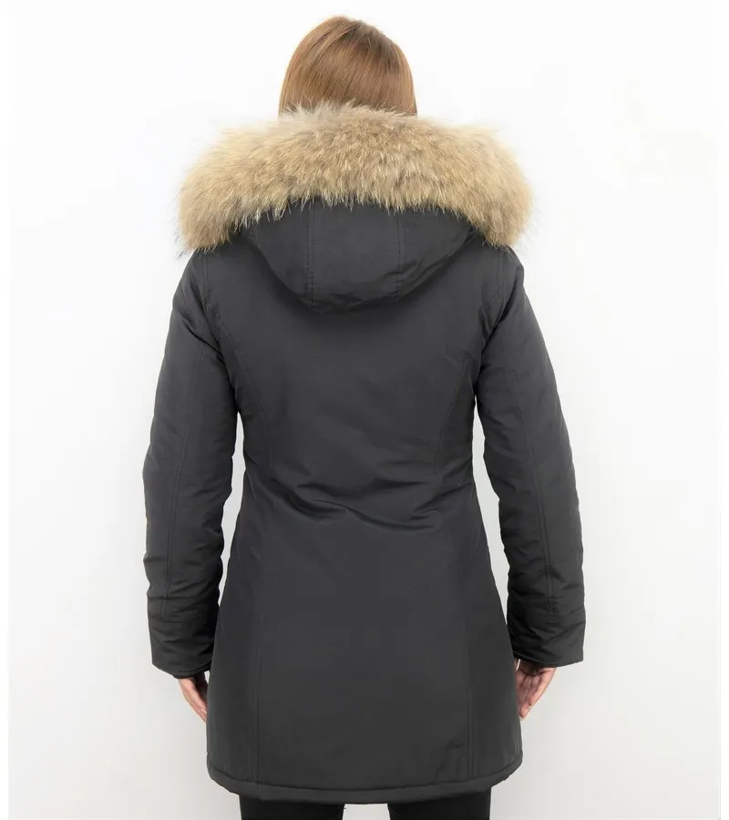 PARKAS MUJER  SEñORA ABRIGOS DE INVIERNO  CAPUCHA PELO GRANDE  NEGRO