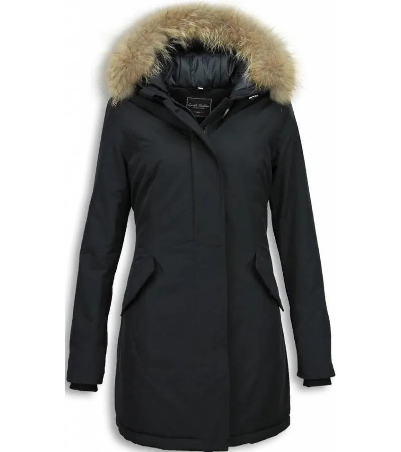 PARKAS MUJER  SEñORA ABRIGOS DE INVIERNO  CAPUCHA PELO GRANDE  NEGRO