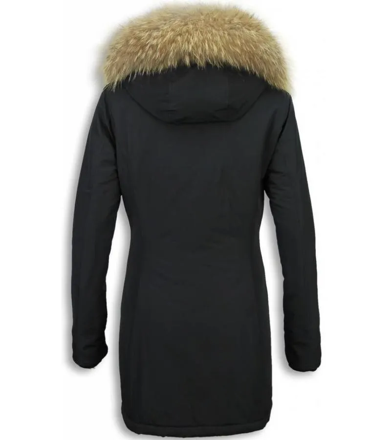 PARKAS MUJER  SEñORA ABRIGOS DE INVIERNO  CAPUCHA PELO GRANDE  NEGRO