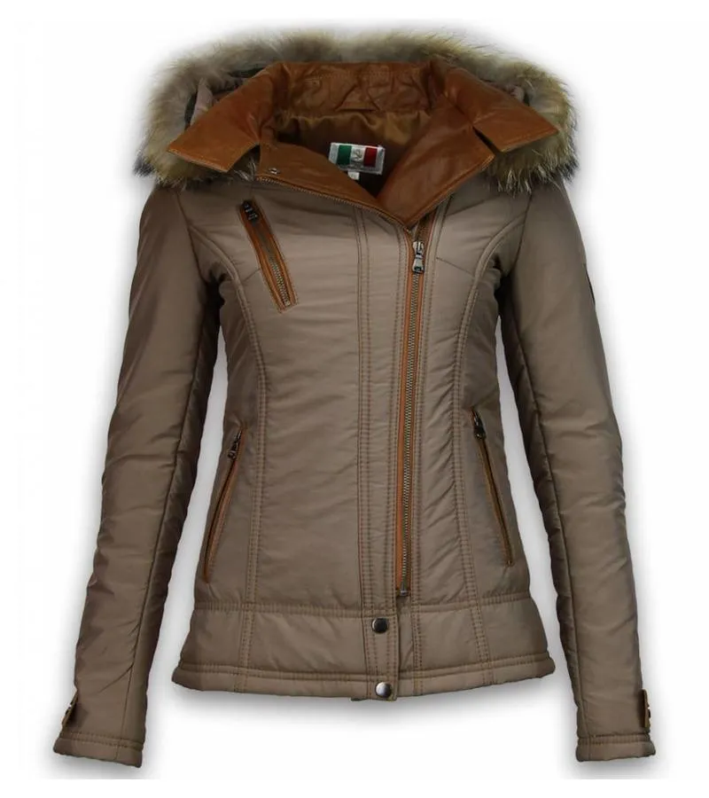 PARKAS MUJER  SEñORA ABRIGOS DE INVIERNO CORTO  3 CREMALLERAS UNA PIEZA DE CUERO  BEIGE