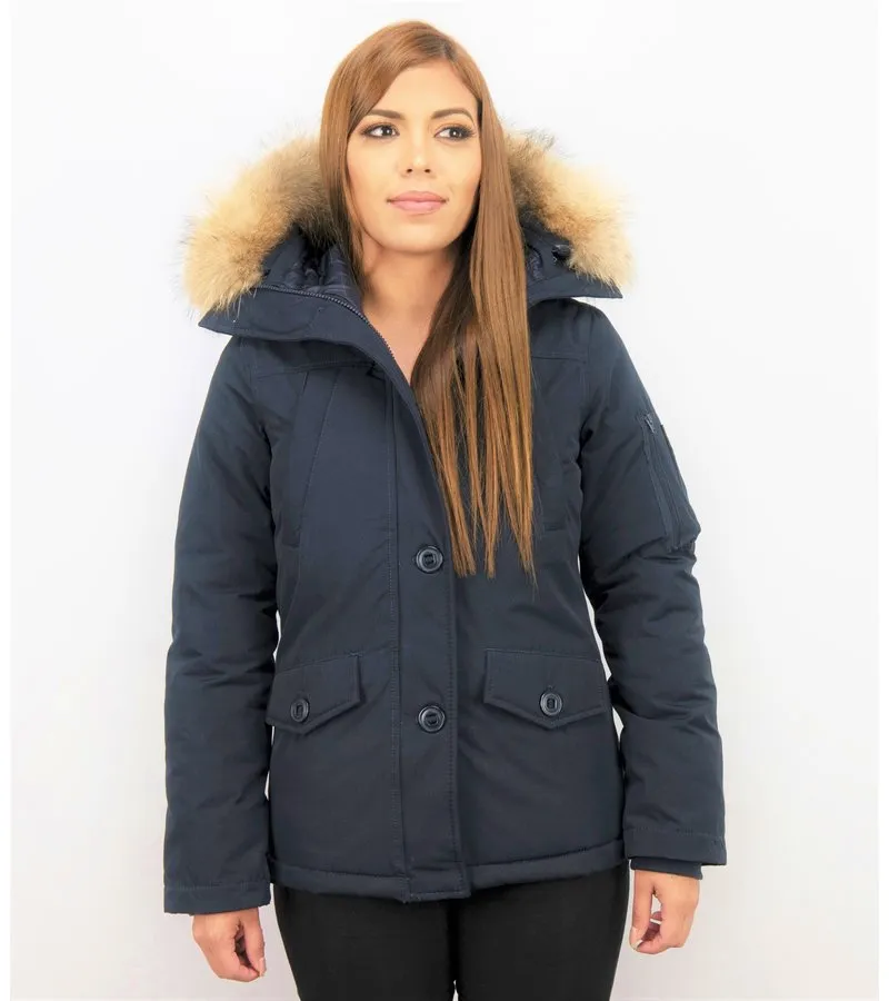 PARKAS MUJER  SEñORA ABRIGOS DE INVIERNO CORTO  CAPUCHA PELO GRANDE  AZUL