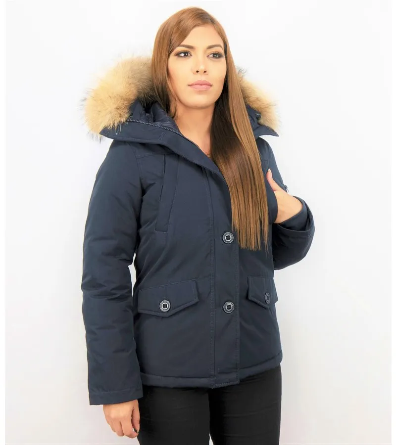 PARKAS MUJER  SEñORA ABRIGOS DE INVIERNO CORTO  CAPUCHA PELO GRANDE  AZUL