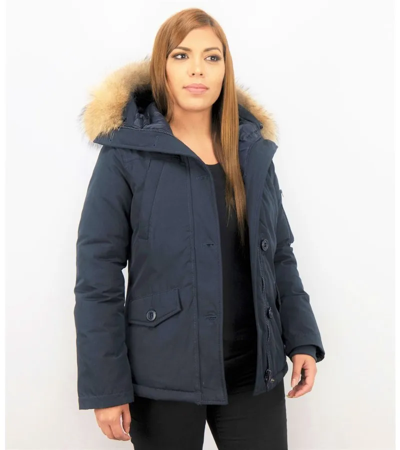PARKAS MUJER  SEñORA ABRIGOS DE INVIERNO CORTO  CAPUCHA PELO GRANDE  AZUL