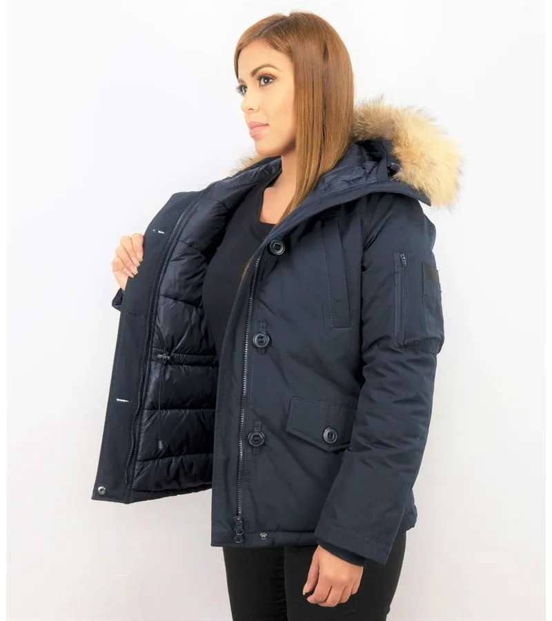 PARKAS MUJER  SEñORA ABRIGOS DE INVIERNO CORTO  CAPUCHA PELO GRANDE  AZUL
