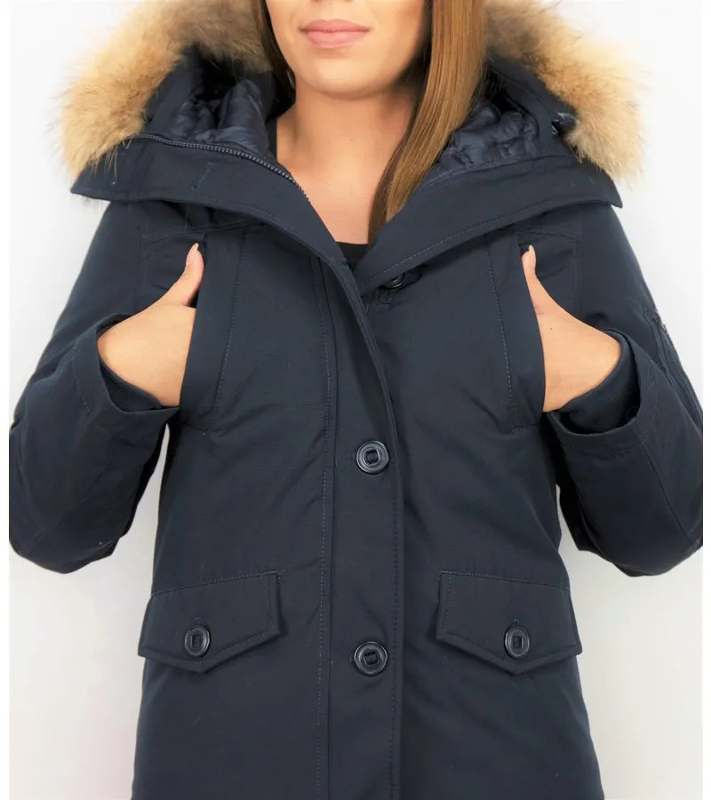 PARKAS MUJER  SEñORA ABRIGOS DE INVIERNO CORTO  CAPUCHA PELO GRANDE  AZUL