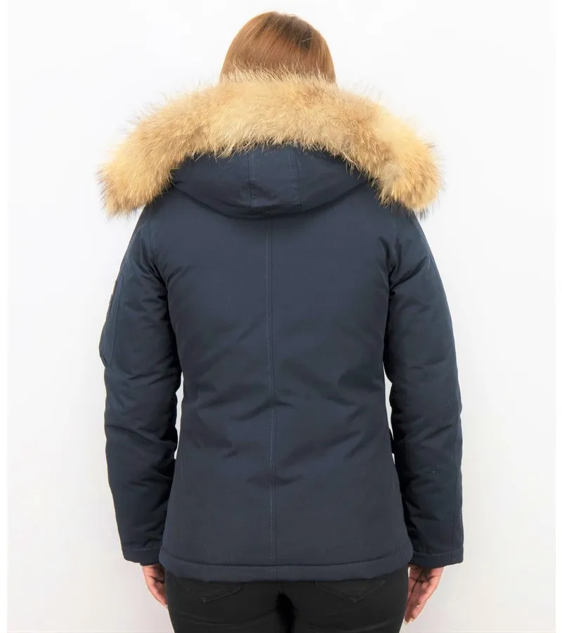 PARKAS MUJER  SEñORA ABRIGOS DE INVIERNO CORTO  CAPUCHA PELO GRANDE  AZUL