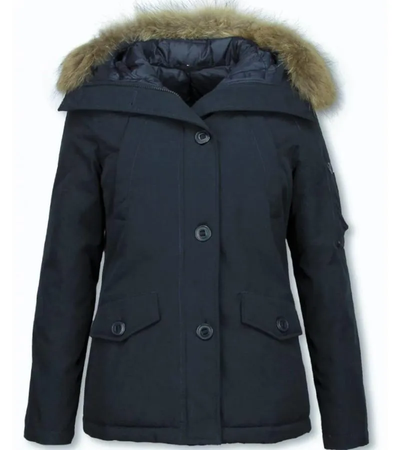 PARKAS MUJER  SEñORA ABRIGOS DE INVIERNO CORTO  CAPUCHA PELO GRANDE  AZUL