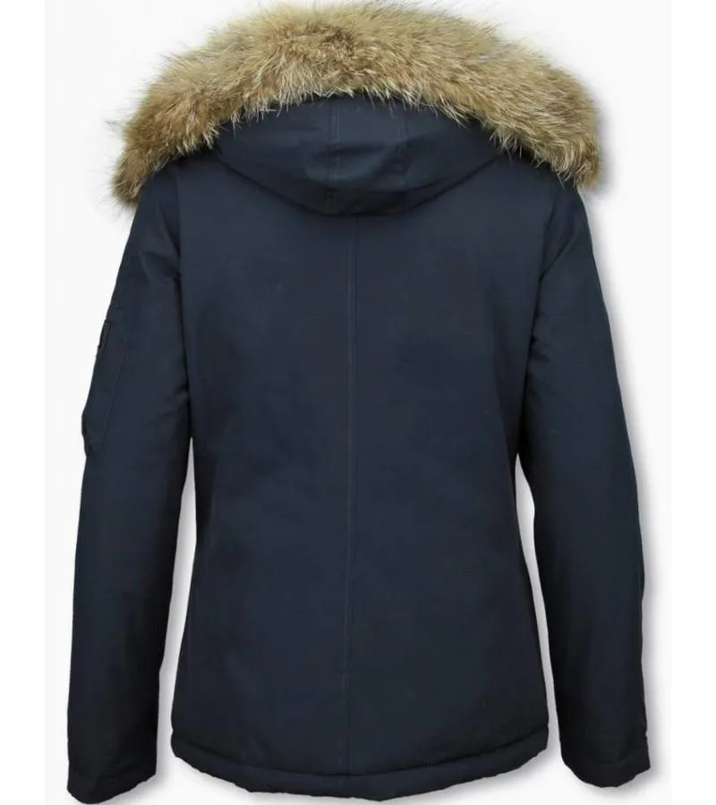 PARKAS MUJER  SEñORA ABRIGOS DE INVIERNO CORTO  CAPUCHA PELO GRANDE  AZUL