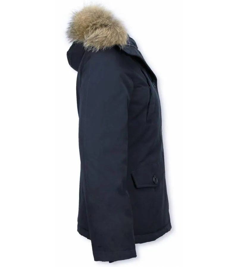 PARKAS MUJER  SEñORA ABRIGOS DE INVIERNO CORTO  CAPUCHA PELO GRANDE  AZUL