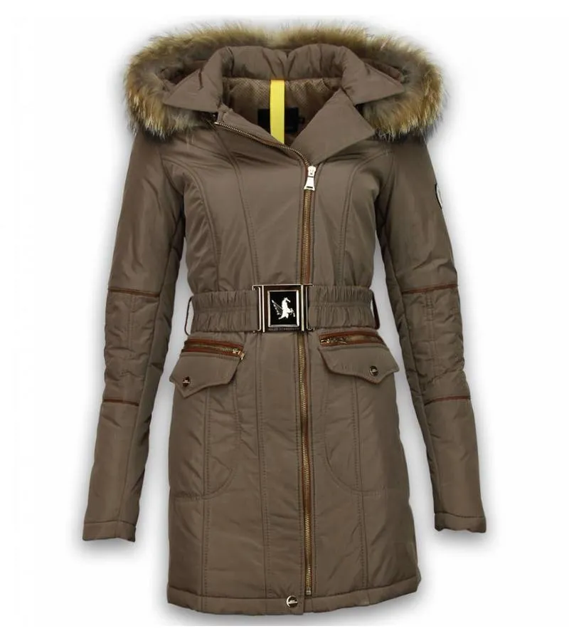 PARKAS MUJER  SEñORA ABRIGOS DE INVIERNO LARGO  CREMALLERA OBLICUA CON CINTURóN  BEIGE
