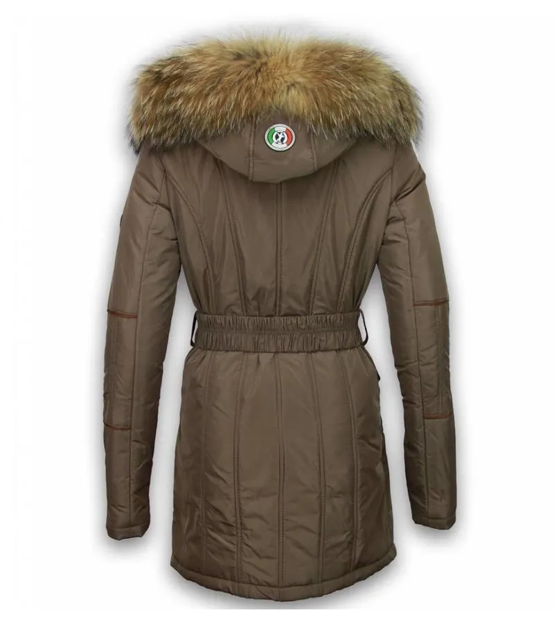 PARKAS MUJER  SEñORA ABRIGOS DE INVIERNO LARGO  CREMALLERA OBLICUA CON CINTURóN  BEIGE