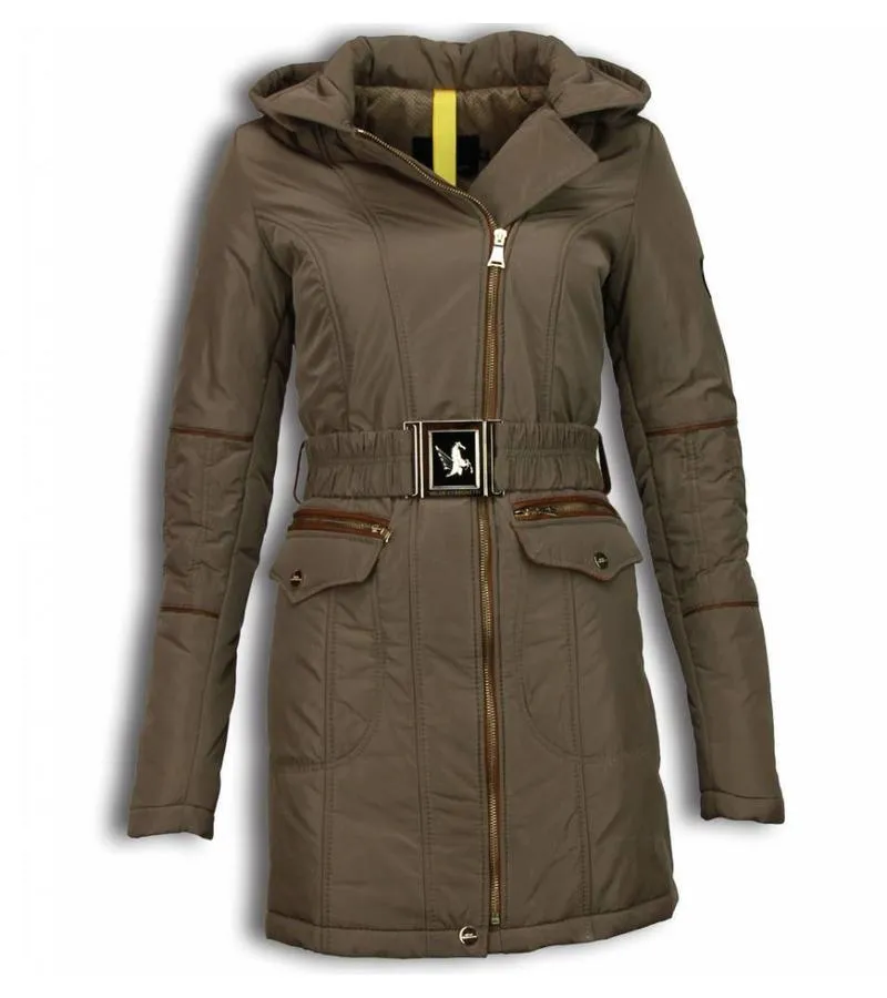 PARKAS MUJER  SEñORA ABRIGOS DE INVIERNO LARGO  CREMALLERA OBLICUA CON CINTURóN  BEIGE