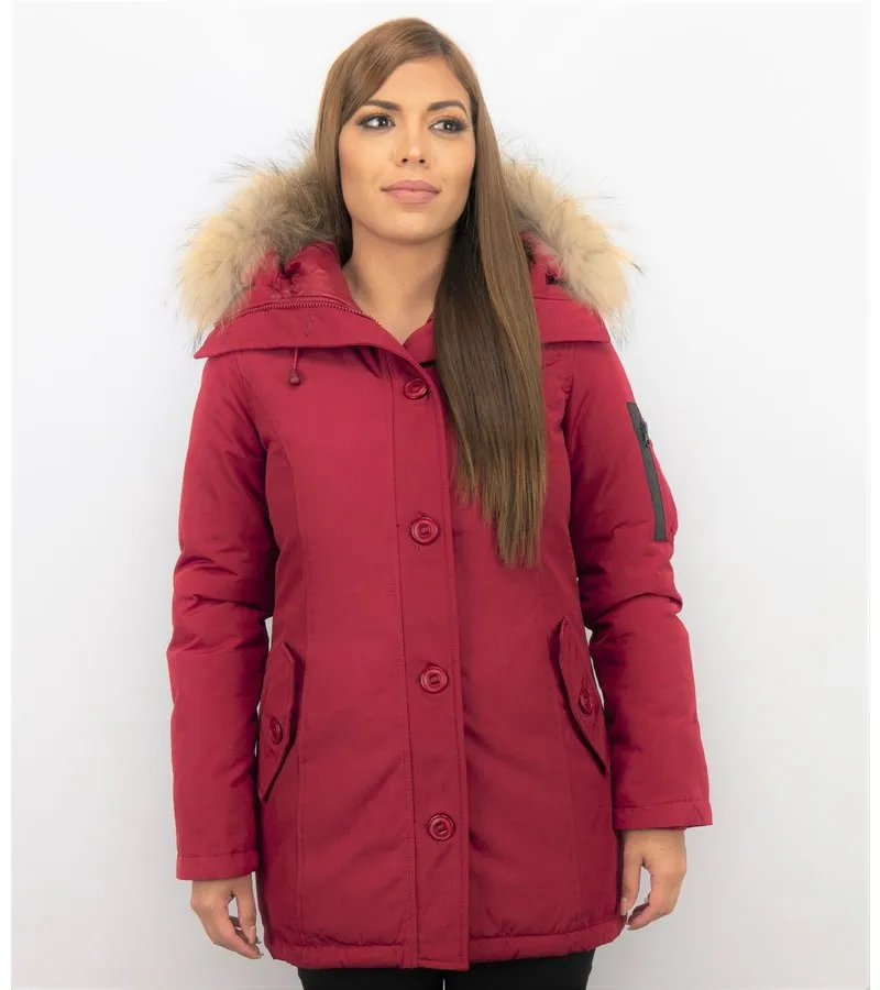 PARKAS MUJER  SEñORA ABRIGOS DE INVIERNO LARGOS  CAPUCHA PELO GRANDE  ROJO