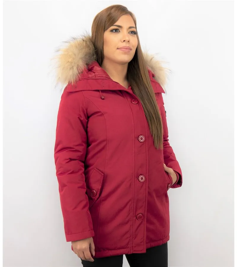PARKAS MUJER  SEñORA ABRIGOS DE INVIERNO LARGOS  CAPUCHA PELO GRANDE  ROJO