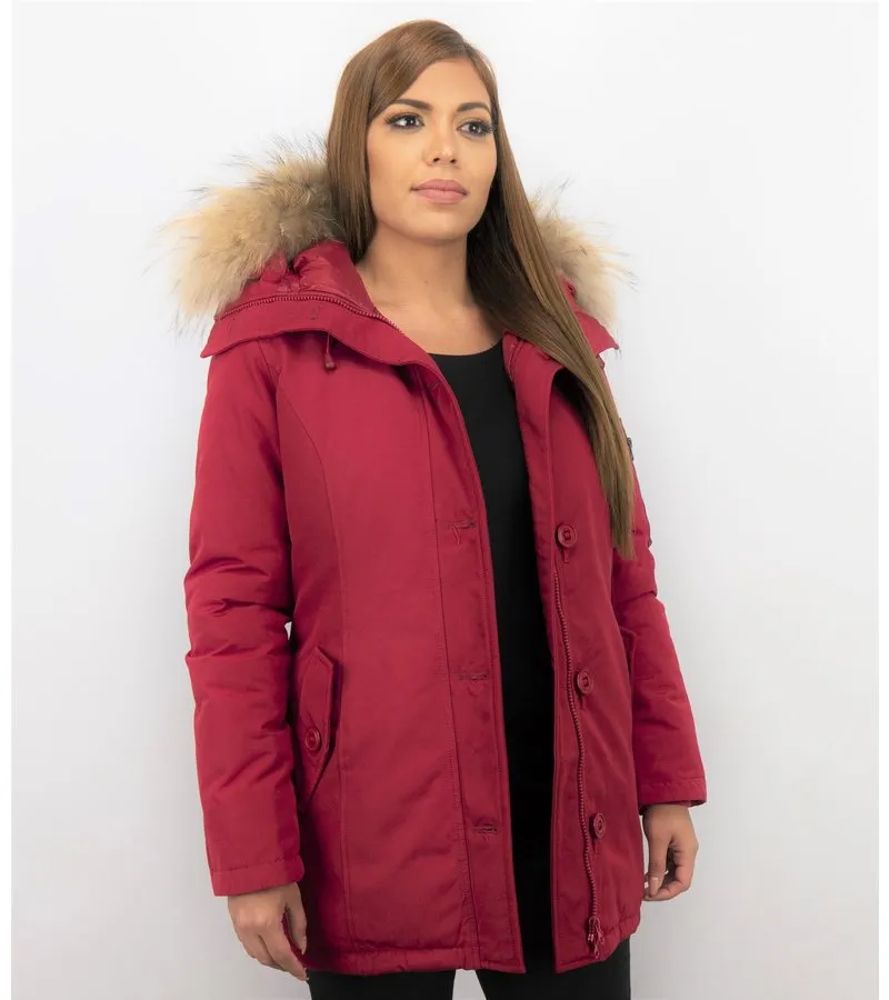 PARKAS MUJER  SEñORA ABRIGOS DE INVIERNO LARGOS  CAPUCHA PELO GRANDE  ROJO