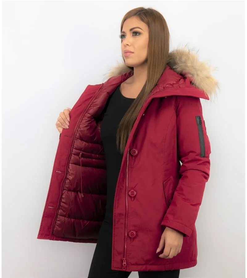 PARKAS MUJER  SEñORA ABRIGOS DE INVIERNO LARGOS  CAPUCHA PELO GRANDE  ROJO