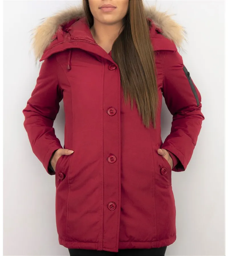 PARKAS MUJER  SEñORA ABRIGOS DE INVIERNO LARGOS  CAPUCHA PELO GRANDE  ROJO