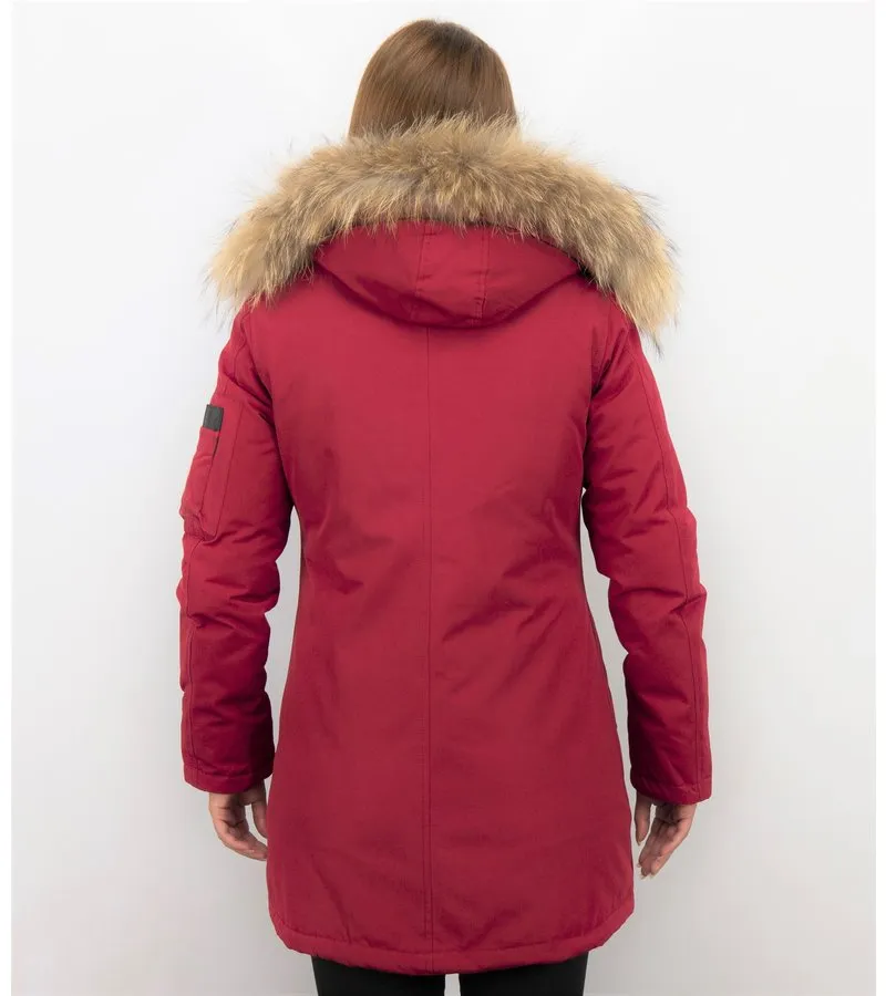 PARKAS MUJER  SEñORA ABRIGOS DE INVIERNO LARGOS  CAPUCHA PELO GRANDE  ROJO