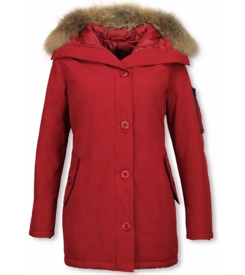 PARKAS MUJER  SEñORA ABRIGOS DE INVIERNO LARGOS  CAPUCHA PELO GRANDE  ROJO