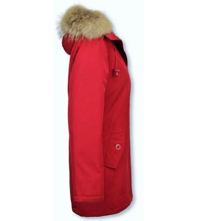 PARKAS MUJER  SEñORA ABRIGOS DE INVIERNO LARGOS  CAPUCHA PELO GRANDE  ROJO