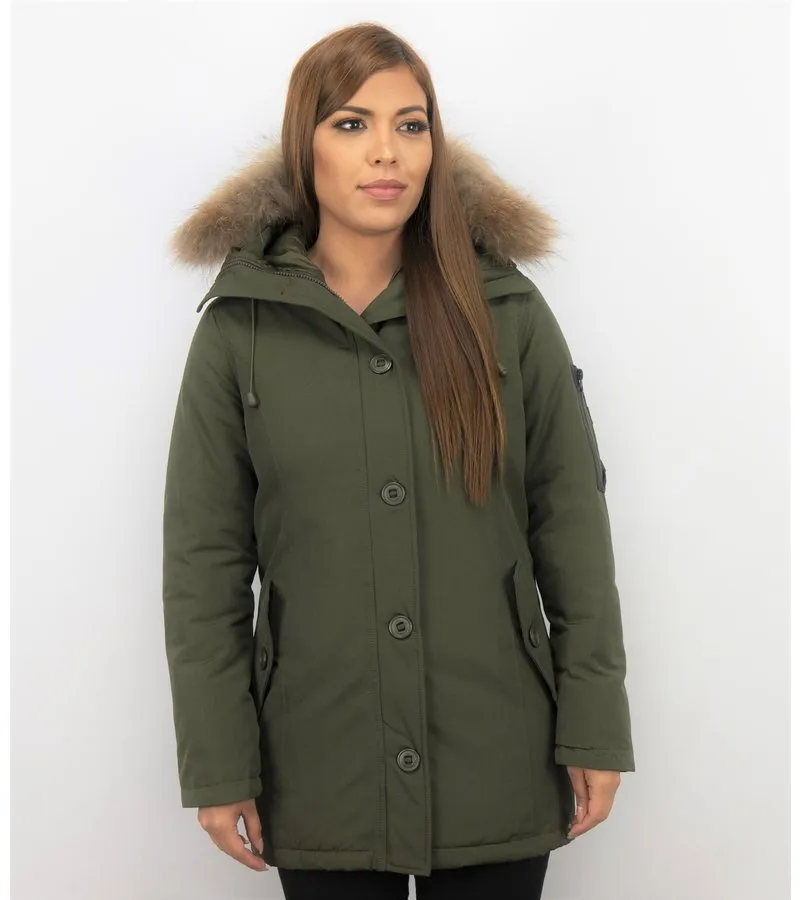PARKAS MUJER  SEñORA ABRIGOS DE INVIERNO LARGOS  CAPUCHA PELO GRANDE  VERDE