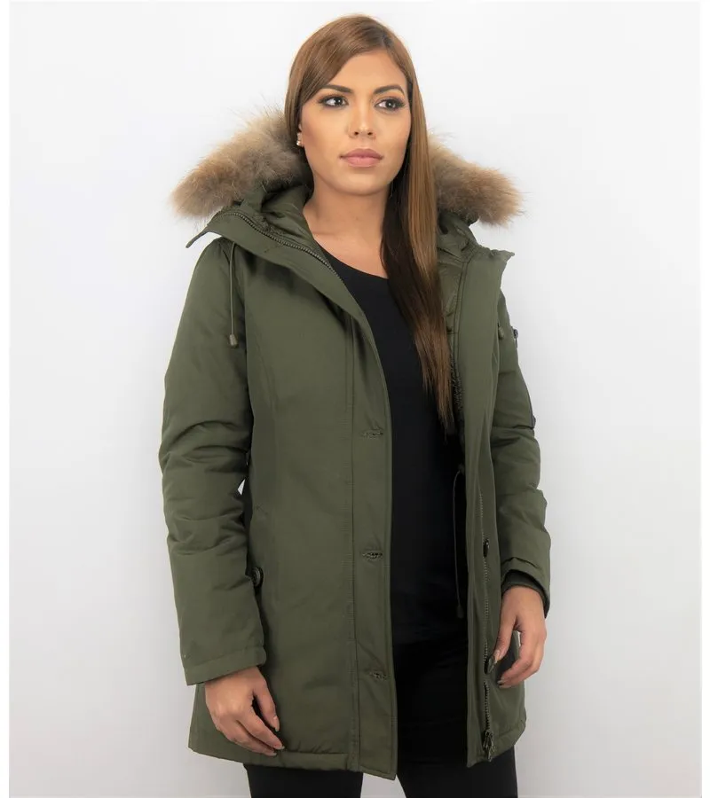 PARKAS MUJER  SEñORA ABRIGOS DE INVIERNO LARGOS  CAPUCHA PELO GRANDE  VERDE