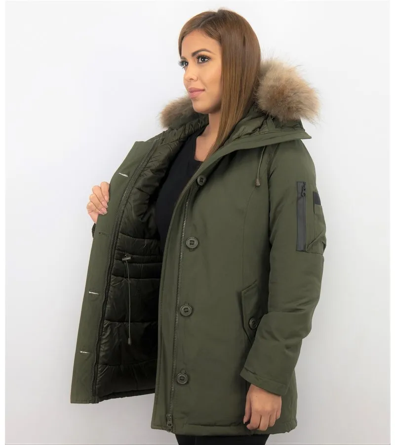 PARKAS MUJER  SEñORA ABRIGOS DE INVIERNO LARGOS  CAPUCHA PELO GRANDE  VERDE