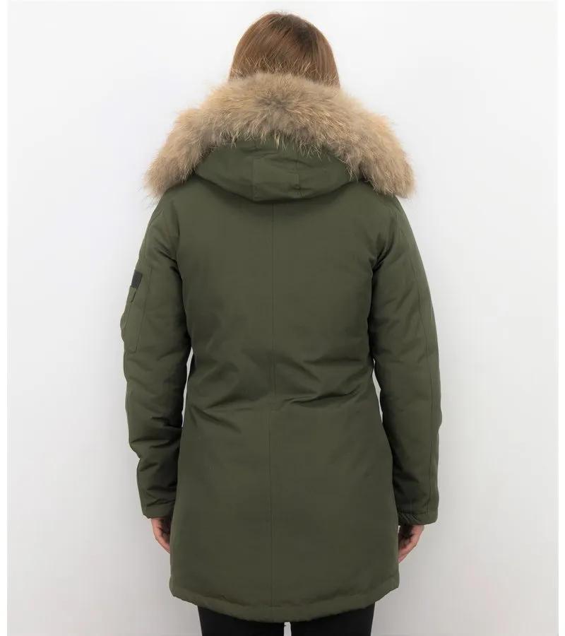PARKAS MUJER  SEñORA ABRIGOS DE INVIERNO LARGOS  CAPUCHA PELO GRANDE  VERDE