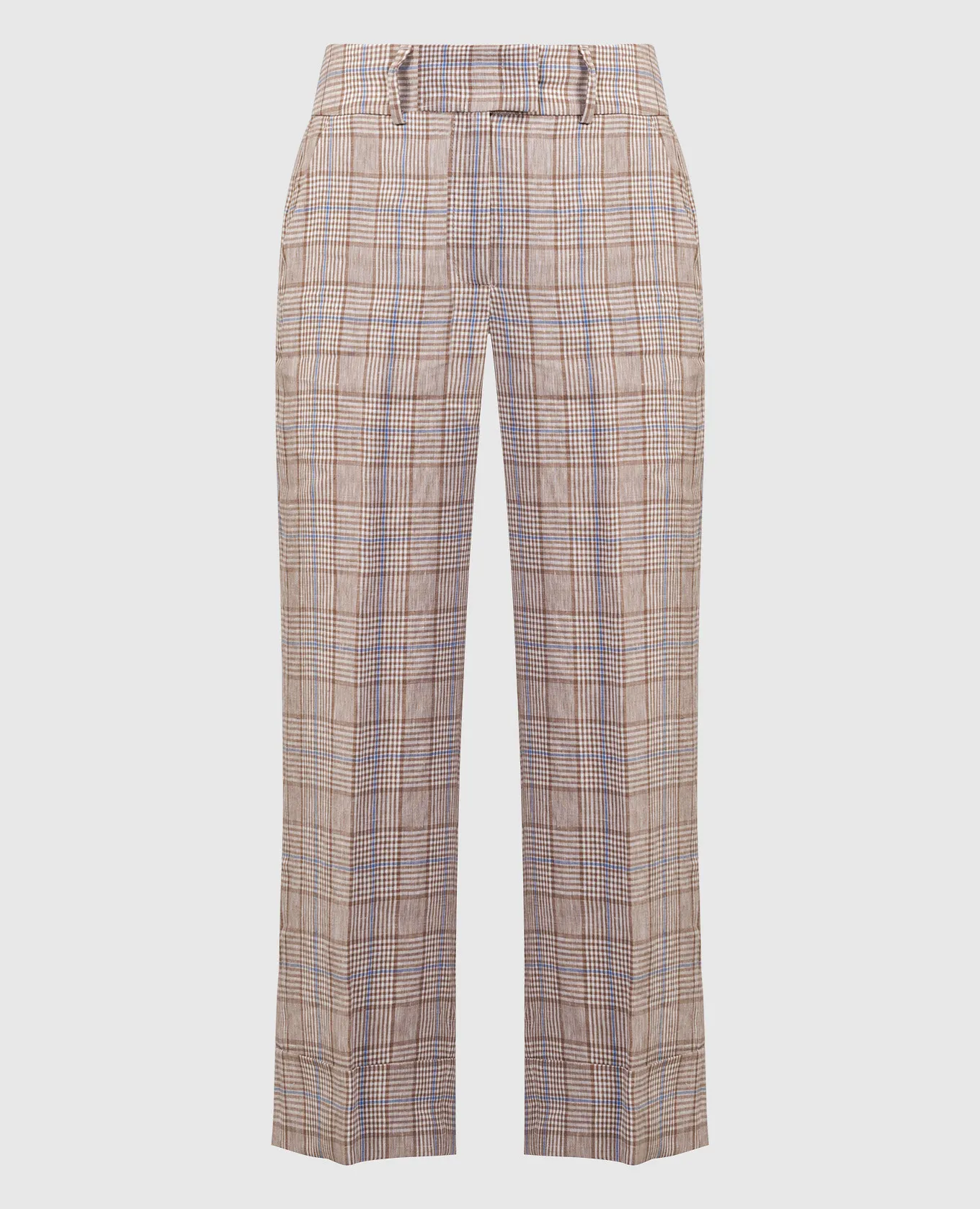 Peserico Brown linen pants with a high fit in a check