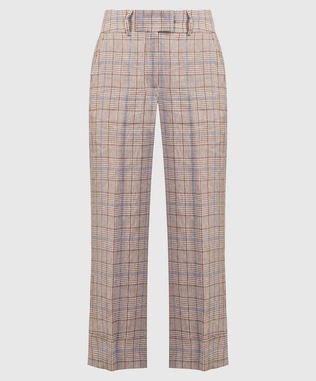 Peserico Brown linen pants with a high fit in a check