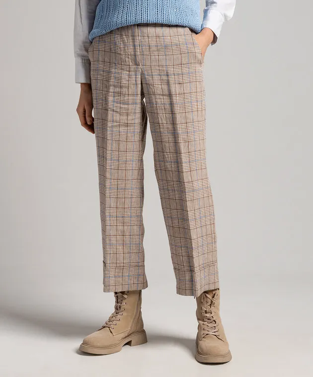 Peserico Brown linen pants with a high fit in a check