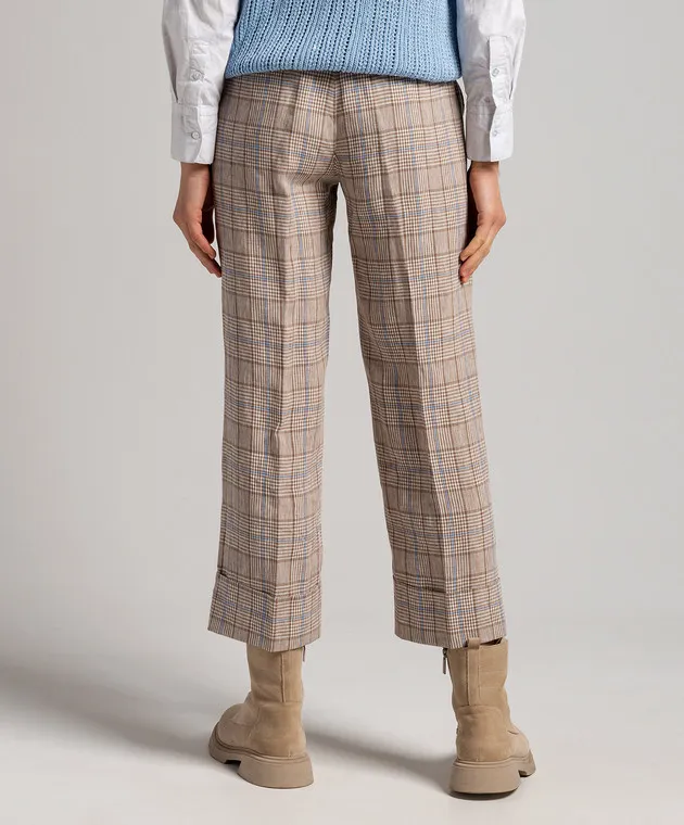 Peserico Brown linen pants with a high fit in a check