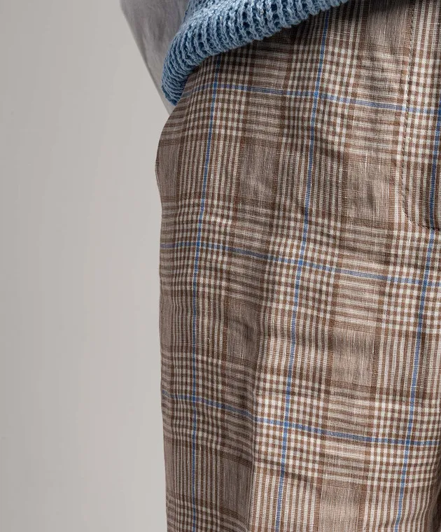 Peserico Brown linen pants with a high fit in a check