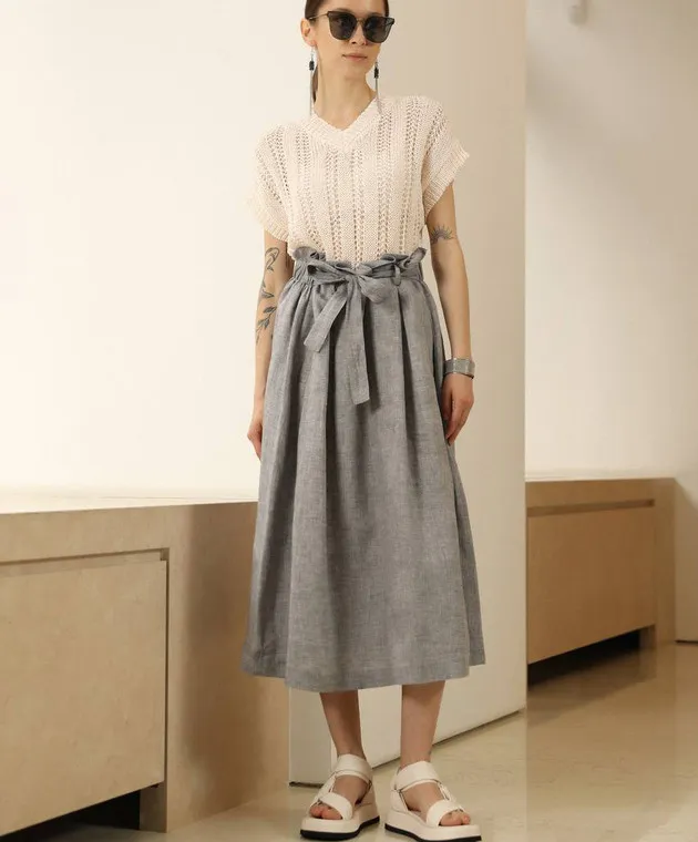 Peserico Gray linen midi skirt with monil chain