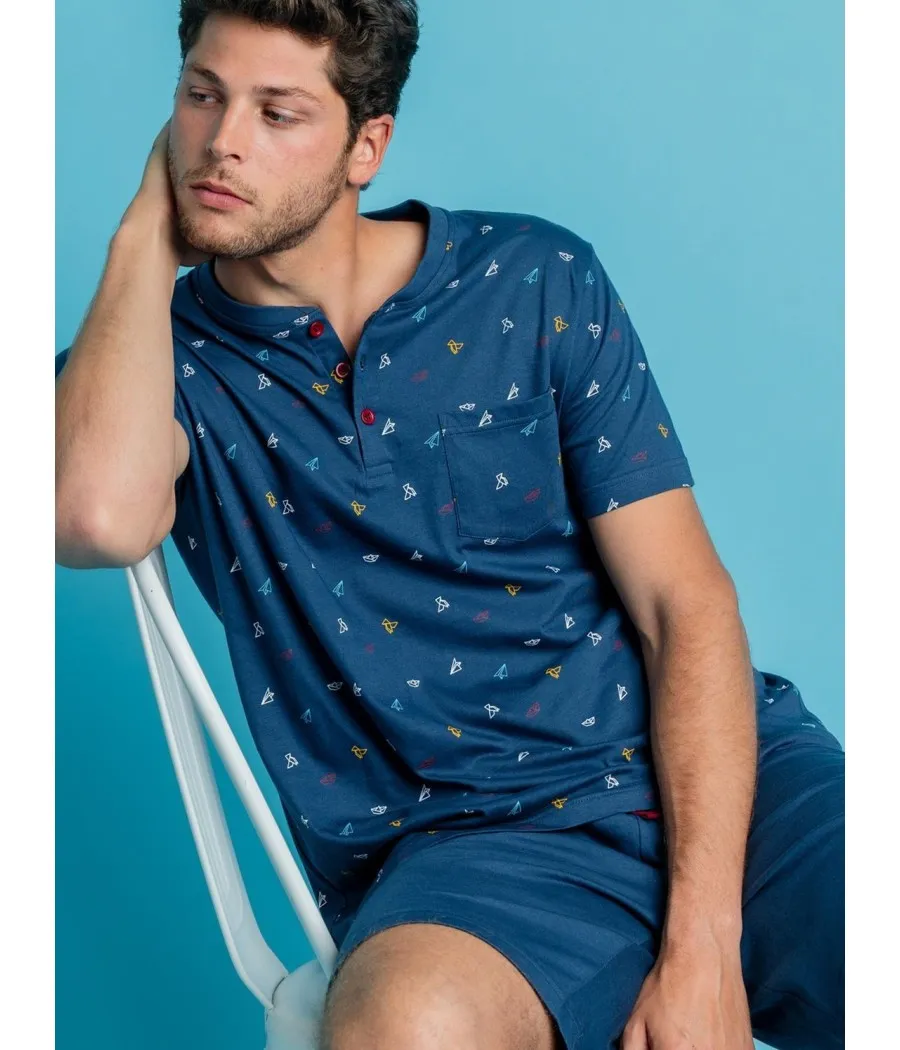 Pijama hombre verano Admas Origami azul algodón