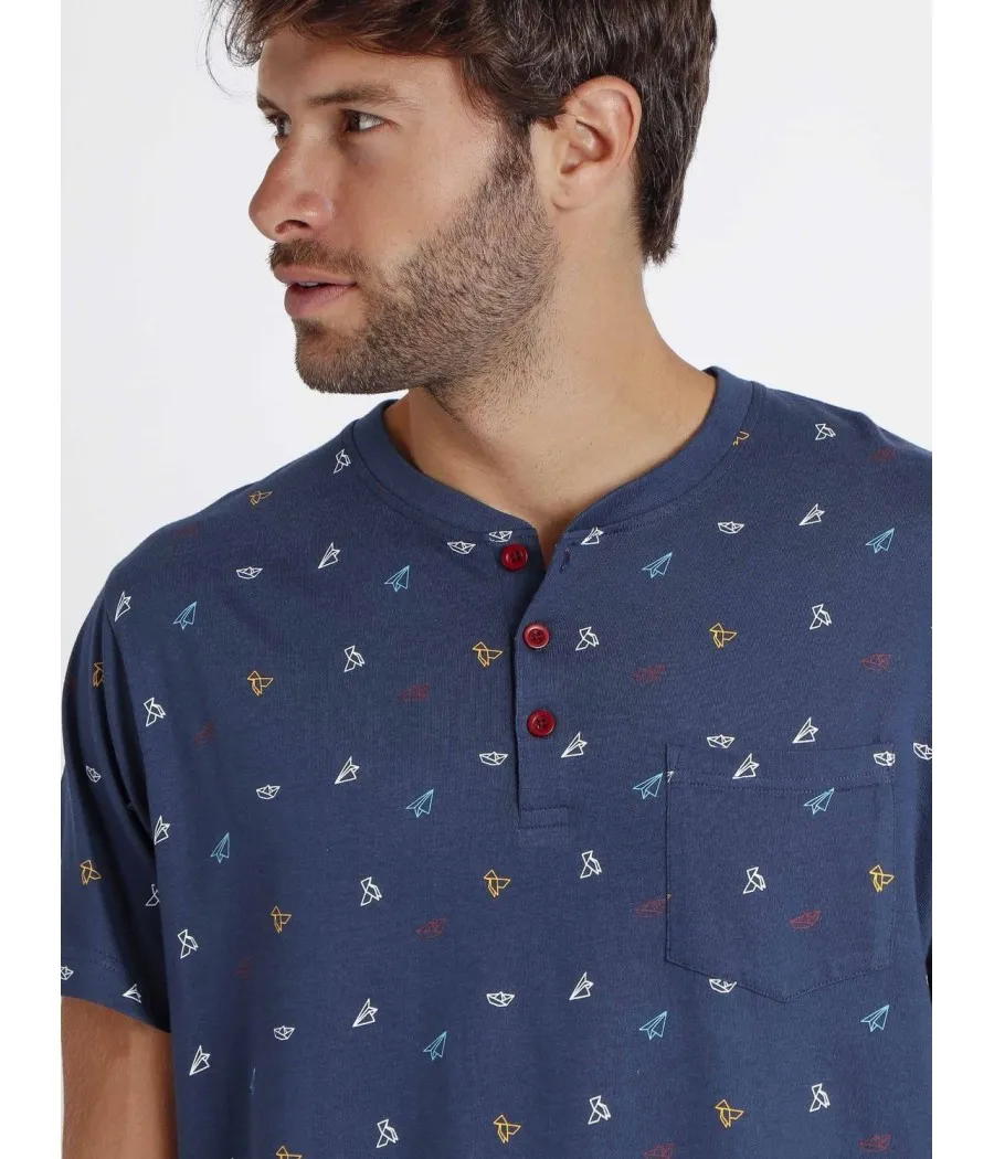 Pijama hombre verano Admas Origami azul algodón