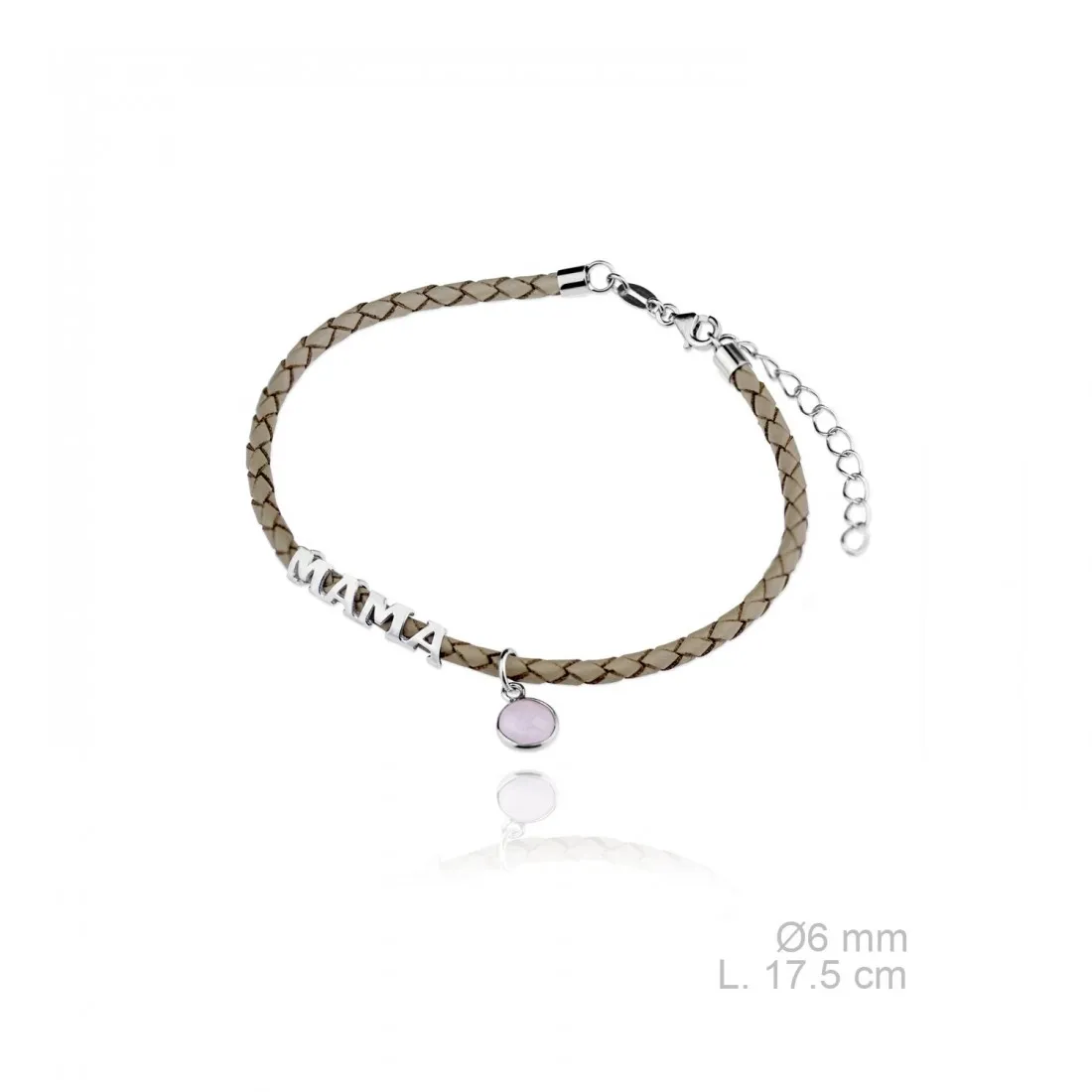 Pulsera Cuero y Plata Mamá Piedra Rosa