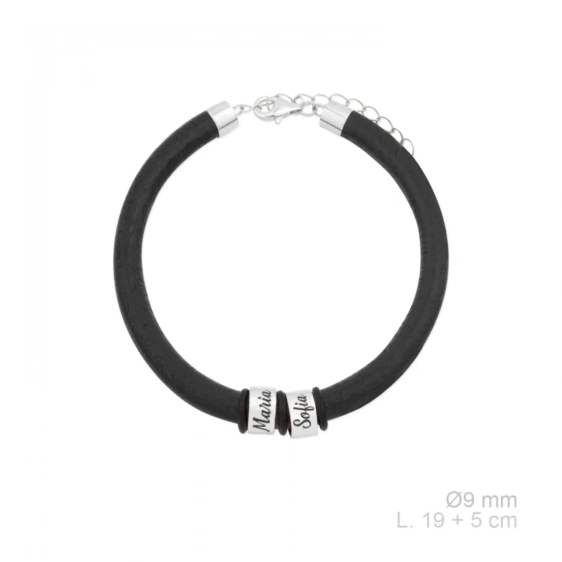 Pulsera Plata de Ley cuero y 2 Nombres