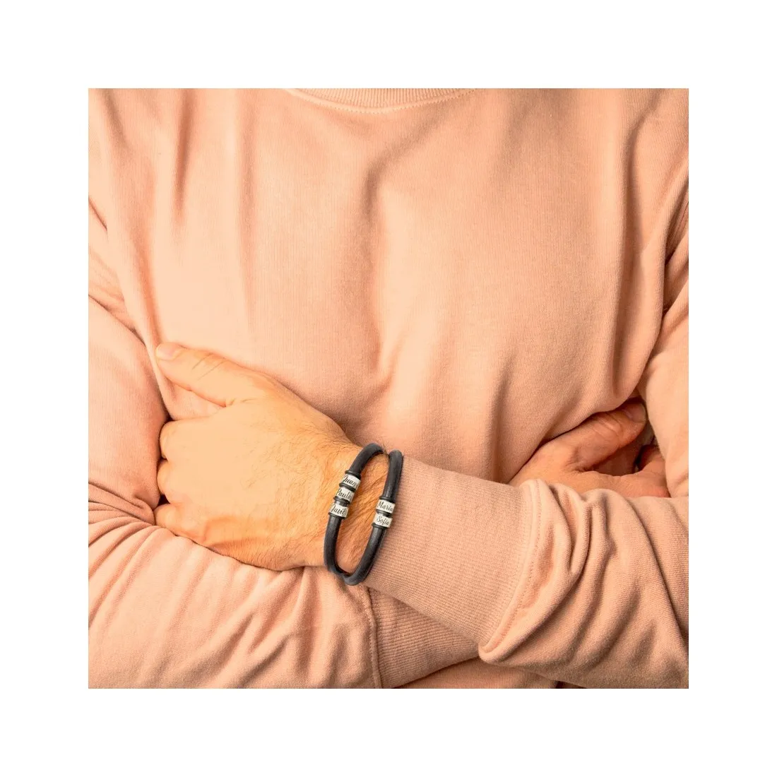 Pulsera Plata de Ley cuero y 2 Nombres