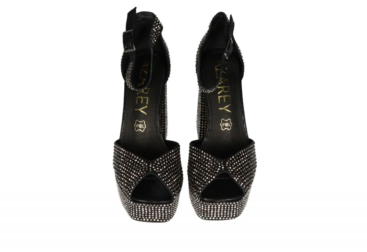 Sandalia Negra Metalizada Strass Pulsera Talon Cerrado