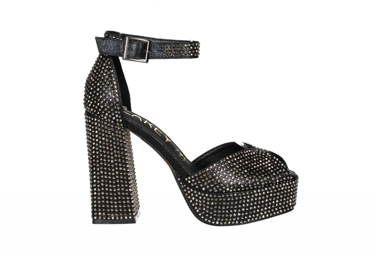 Sandalia Negra Metalizada Strass Pulsera Talon Cerrado