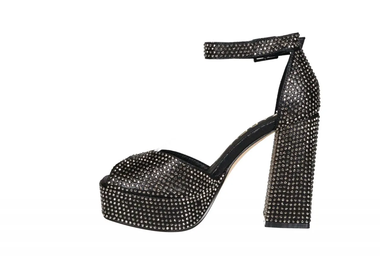 Sandalia Negra Metalizada Strass Pulsera Talon Cerrado