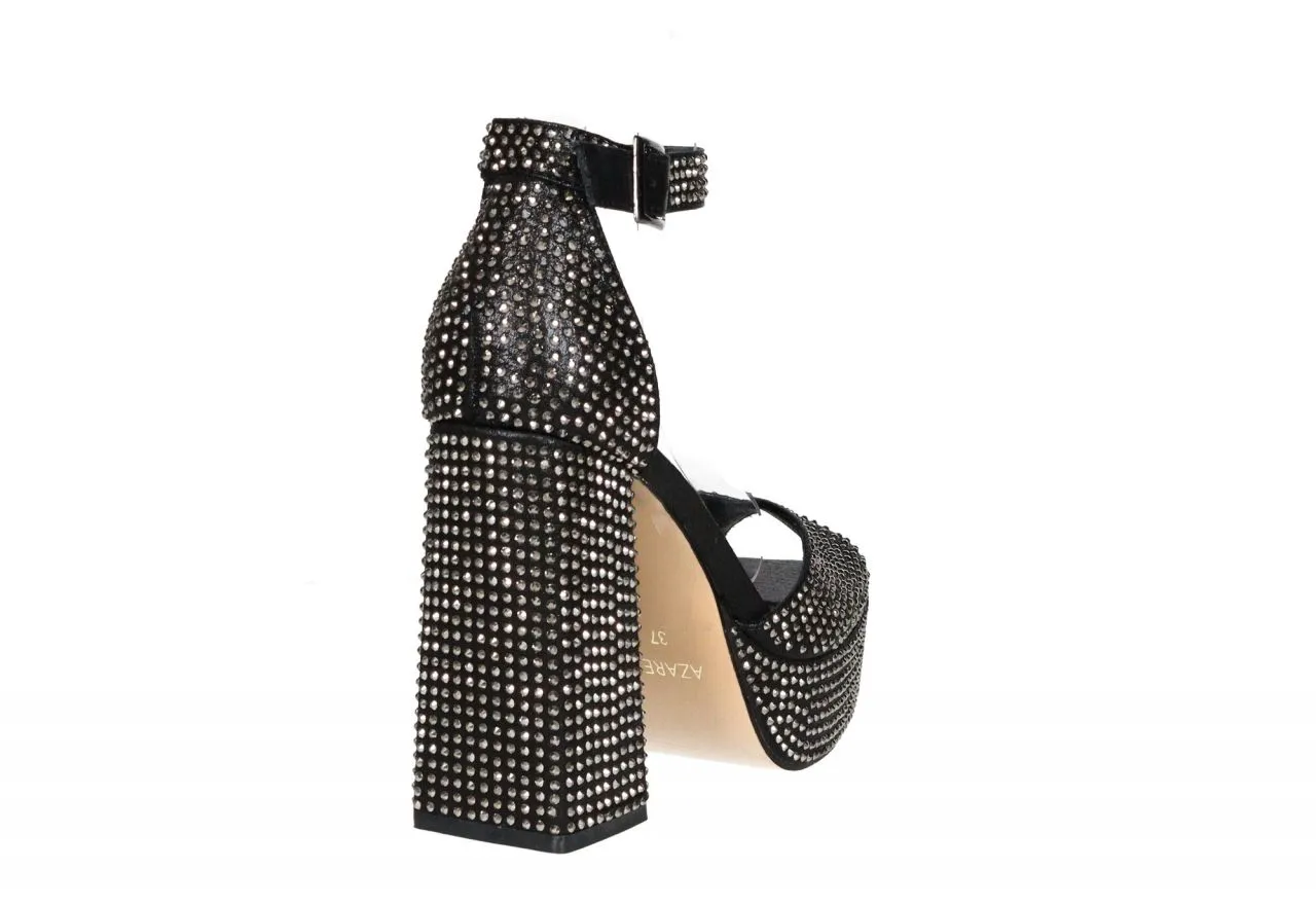 Sandalia Negra Metalizada Strass Pulsera Talon Cerrado