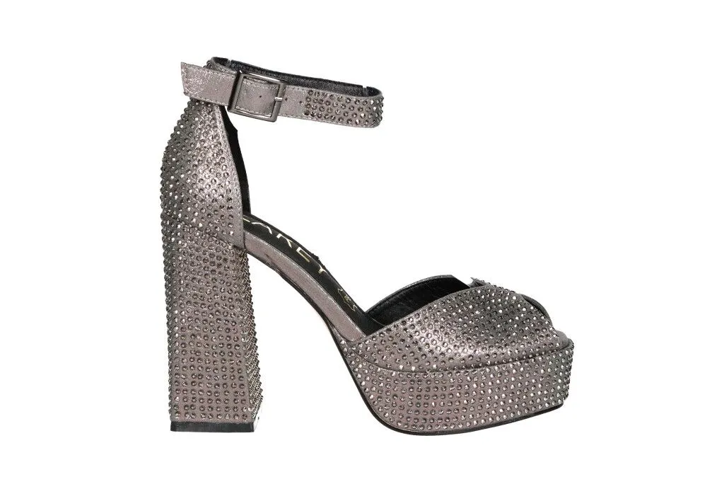 Sandalia Plomo Metalizada Strass Pulsera Talon Cerrado