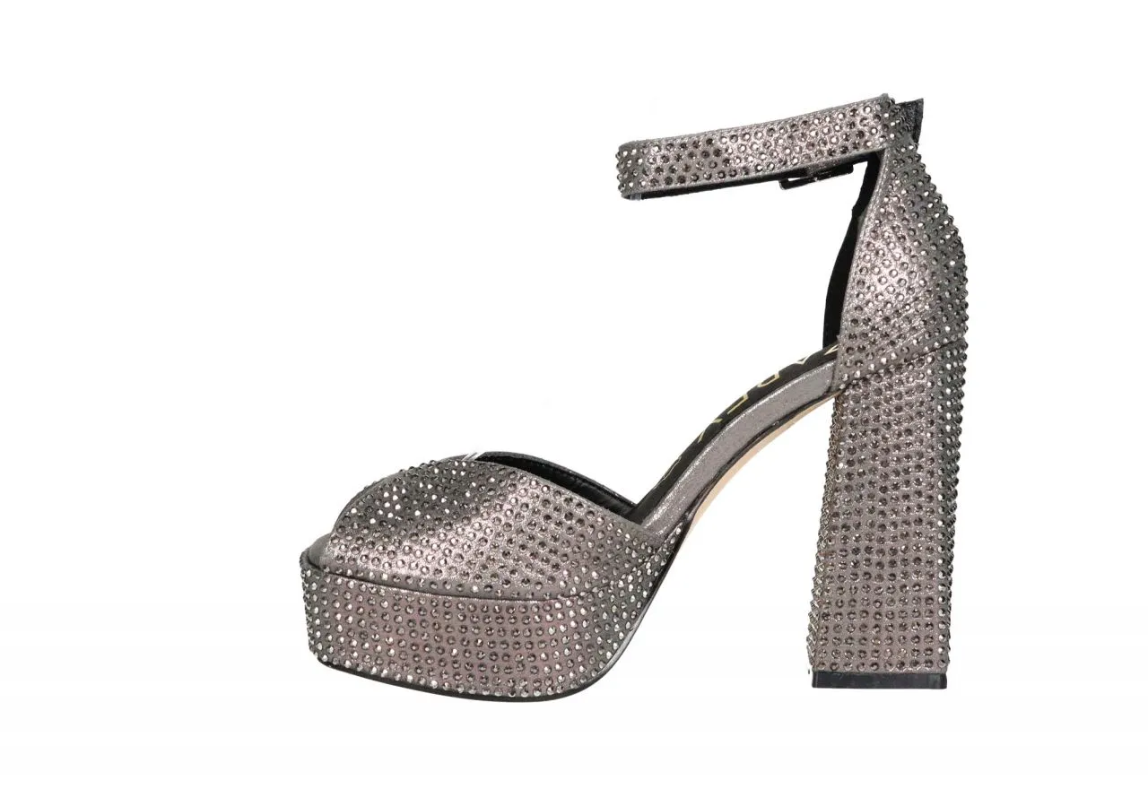 Sandalia Plomo Metalizada Strass Pulsera Talon Cerrado